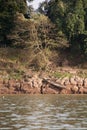 Canoe on cracked hard earth river bank in dry season