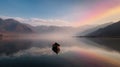 Canoe drifting on the lake at sunset. Serenity concept