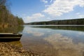 Canoe at edge of peaceful lake