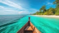 A canoe glides over turquoise tropical waters near a sandy beach, a scenic paradise, Ai Generated