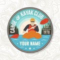 Canoe and kayak Club patch. Vector. Concept for shirt, stamp or tee. Vintage typography design with kayaker silhouette Royalty Free Stock Photo