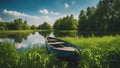 canoe on lake Spring summer landscape blue sky clouds Narew river boat green trees countryside grass Royalty Free Stock Photo