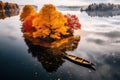 a canoe on a lake, with trees, orange leaves ai created