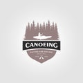 canoe logo emblem with a man, kayak logo badge illustration design on lake and forest Royalty Free Stock Photo