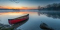 Canoe on a Misty Lake at Sunrise. Resplendent. Royalty Free Stock Photo