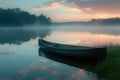 Canoe on a Misty Lake at Sunrise. Resplendent. Royalty Free Stock Photo