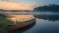 Canoe on a Misty Lake at Sunrise. Resplendent. Royalty Free Stock Photo