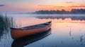 Canoe on a Misty Lake at Sunrise. Resplendent. Royalty Free Stock Photo