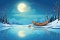 canoe resting on snowy lake bank by moonlight