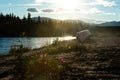 Canoe on shore of Nisutlin River Yukon Canada Royalty Free Stock Photo