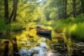 Canoe on spring babbling brook. River with a kayak illustration. AI generative