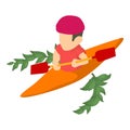 Canoeing icon isometric vector. Male athlete with paddle doing rowing in canoe