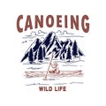 Canoeing. Illustration of wild mountains landscape, river and man on canoe. Design element for logo, label, sign, poster Royalty Free Stock Photo