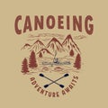 Canoeing. Illustration of wild mountains landscape, river and man on canoe. Design element for logo, label, sign, poster Royalty Free Stock Photo