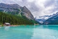 Canoeing on Lake Louise in sunmmer day. Banff National Park, Alberta, Canada. Royalty Free Stock Photo