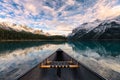 Canoeing on Maligne lake with canadian rockies reflection in Spirit Island at Jasper national park Royalty Free Stock Photo