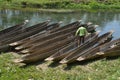 Canoeing safari Wooden rowboats Pirogues on the Rapti river. Chitwan national park Royalty Free Stock Photo