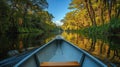 Canoeing tranquil river, sunlit forest, peaceful morning Royalty Free Stock Photo