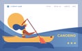 Canoeing woman in river or lake landing page template. Vector banner with blue wave and flat character good for kayaking school or Royalty Free Stock Photo