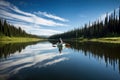 canoeist exploring serene lake, with reflections on the water