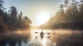 Canoeist Paddling on Misty River at Sunrise Royalty Free Stock Photo
