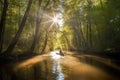 canoeist paddling through serene forest, with the sun shining through the trees