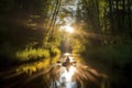 canoeist paddling through serene forest, with the sun shining through the trees