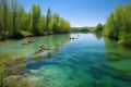 canoeists and kayakers paddling through serene waters on a picturesque day