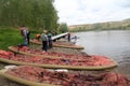 Canoers on the river-bank Royalty Free Stock Photo