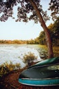 Canoes on the bank of the Charles River in Summer