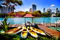 Canoes and boats in Lumpini Park in Bangkok, Thailand Royalty Free Stock Photo