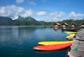 Canoes docked on a lake