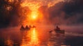 Canoes dot the misty waters at sunrise.