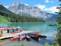 Canoes at Emerald Lake, Canadian Rockies Royalty Free Stock Photo