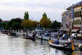 Canoes and houses in Aveiro `The Venice of Portugal` Royalty Free Stock Photo