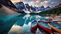 Canoes on a jetty at Moraine lake, Banff national park in the Rocky Mountains, Alberta, Canada Royalty Free Stock Photo