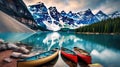 Canoes on a jetty at Moraine lake, Banff national park in the Rocky Mountains, Alberta, Canada Royalty Free Stock Photo