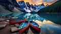 Canoes on a jetty at Moraine lake, Banff national park in the Rocky Mountains, Alberta, Canada Royalty Free Stock Photo