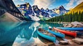 Canoes on a jetty at Moraine lake, Banff national park in the Rocky Mountains, Alberta, Canada Royalty Free Stock Photo