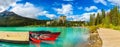 Canoes on Lake Louise, Banff Royalty Free Stock Photo