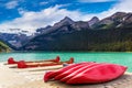 Canoes on Lake Louise, Banff Royalty Free Stock Photo