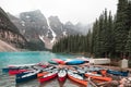 Canoes at Moraine Lake Alberta Royalty Free Stock Photo