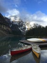 Canoes in Moraine Lake, Banff National Park, Alberta, Canada, Royalty Free Stock Photo