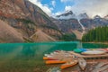 Canoes on Moraine Lake.Banff National Park. Canadian Rocky Montains.Alberta.Canada Royalty Free Stock Photo