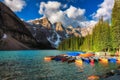 Canoes on Moraine lake, Banff national park in the Rocky Mountains, Alberta, Canada.