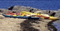 Canoes on the rocky beach Royalty Free Stock Photo