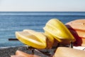 Canoes stack for winter storage. Color image Royalty Free Stock Photo