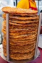 Fried tortilla buÃÂ±uelo sit ready to eat, coated in sugar, at a booth at the Canoga Park Farmer`s Market on Owensmouth Ave.