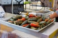 Roasted JalapeÃÂ±os Chile Toreados sit ready to eat at a pork taco booth at the Canoga Park Farmer`s Market on Owensmouth Ave.