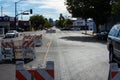 Traffic barriers block the street from car traffic at the Canoga Park Farmer`s Market on Owensmouth Ave.